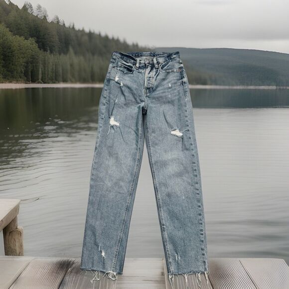 Old Navy Sky Hi Straight Jeans 0 (24x27.5) Blue Distressed Button Fly Womens - Picture 1 of 11